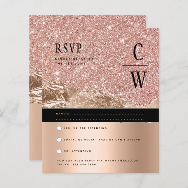 RSVP de Casamento Negro Dourado ROSA glamouroso (Frente/Verso)