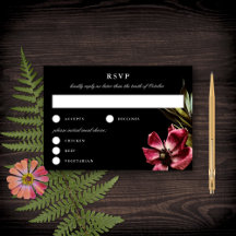 RSVP de Casamento Negro Floral Elegante Escuro + M