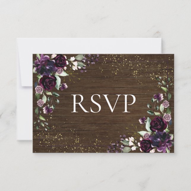 RSVP de Casamento outono de madeira Dourada Roxo R (Frente)