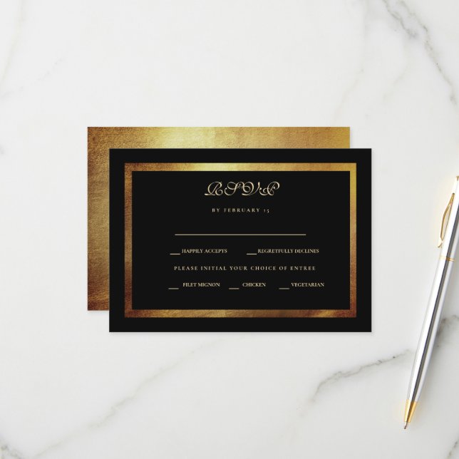RSVP de Casamento Preto e Dourado Elegante (Frente/Verso In Situ)