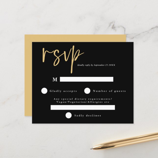 RSVP de Casamento Preto e Dourado Moderno de Orçam (Frente/Verso In Situ)
