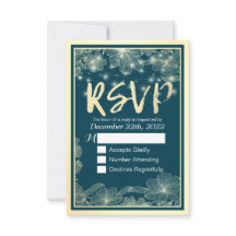 RSVP de Casamento Resposta Flores Douradas Azuis L