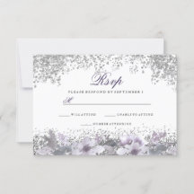 RSVP de Casamento Roxo Floral de Silver Glitter