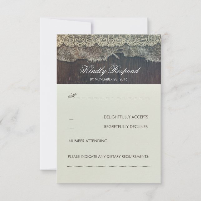 RSVP de Casamento Russo de Burlap Lace e Madeira (Frente)