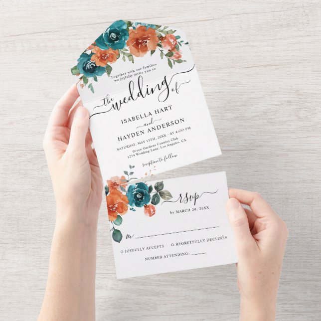 RSVP de Casamento Russo Floral Rust-Laranja-Rust-L (Aba destacável)