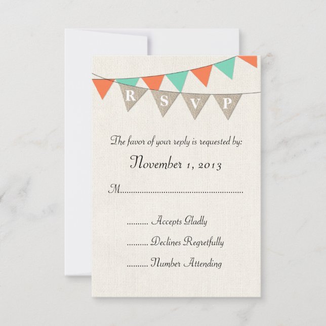 RSVP de Casamento Rustic Burlap Teal Orange Pennan (Frente)