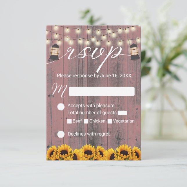RSVP de Casamento Rustic Sunflower & Lantern Pink  (Em pé/Frente)