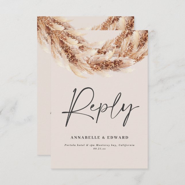 RSVP de casamento Rústico com pampas rústicas pret (Frente/Verso)