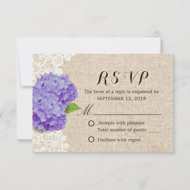 RSVP de Casamento Rústico Roxo Hydrangea Lace & Bu (Frente)
