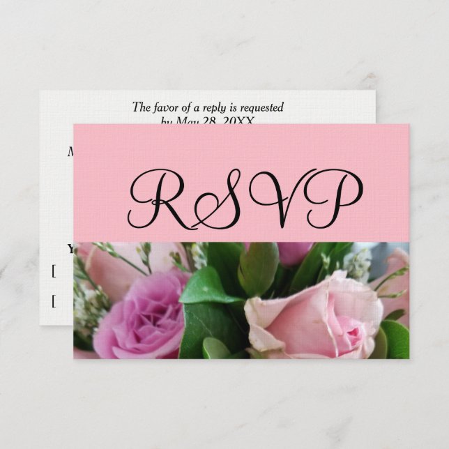 RSVP de Casamento Silver de Buquê Rosa Rosa Suave (Frente/Verso)