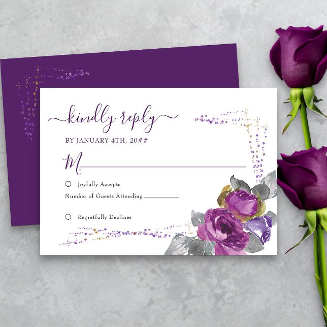 RSVP de Casamento Simples de Confett Roxo e Dourad (Elegant purple floral rsvp card from my Plush Purple Wedding Collection )