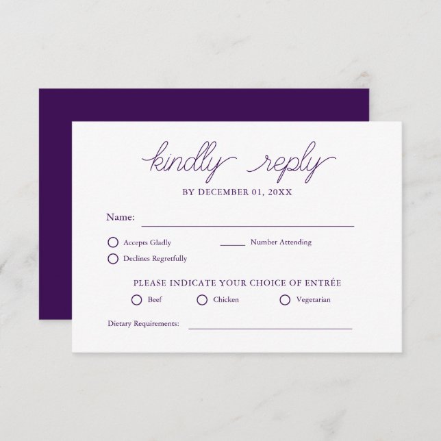 RSVP de Casamento Simples e Roxo Elegante Minimali (Frente/Verso)