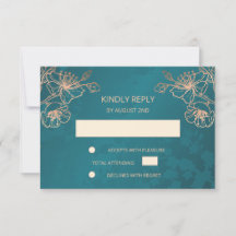 RSVP de Casamento Teal Dourado com Rosa Floral