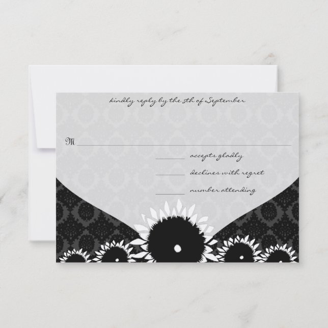 RSVP de Casamento tema damasco de girassol preto (Verso)