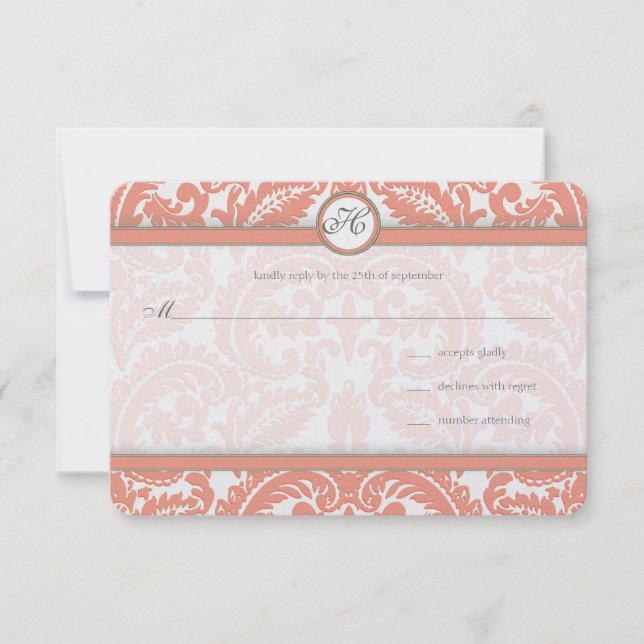 RSVP de Casamento tema damasco e Coral do Monogram (Frente)
