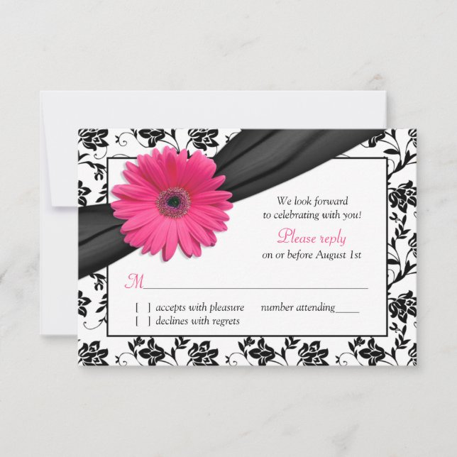 RSVP de Casamento tema damasco Floral Branco preto (Frente)