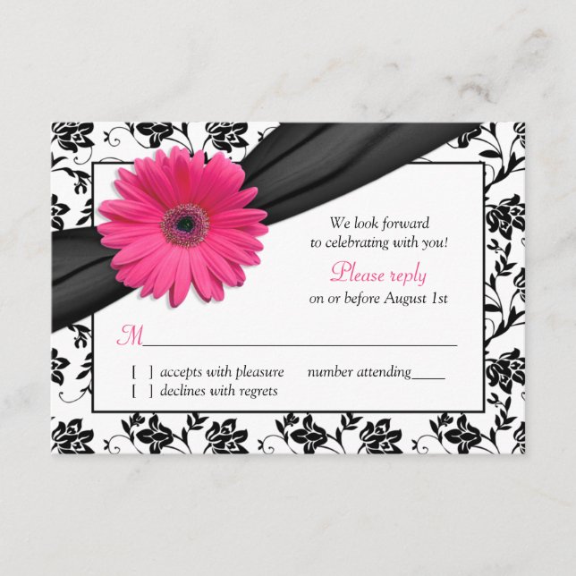 RSVP de Casamento tema damasco Floral Branco preto (Frente)