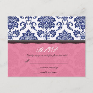 RSVP de Casamento tema damasco Real Azul e Rosa