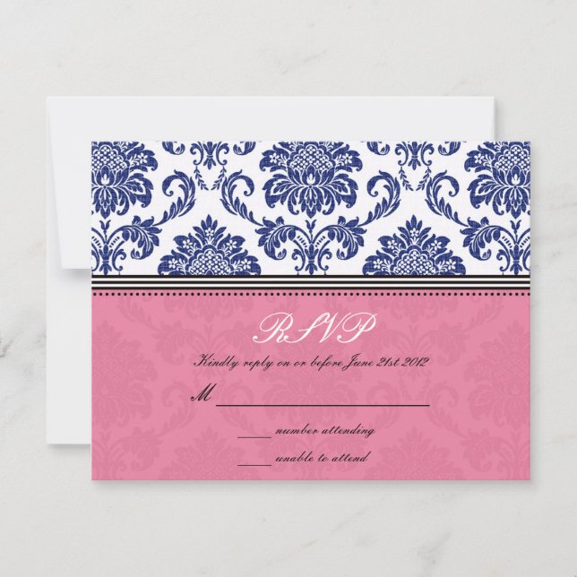 RSVP de Casamento tema damasco Real Azul e Rosa (Frente)