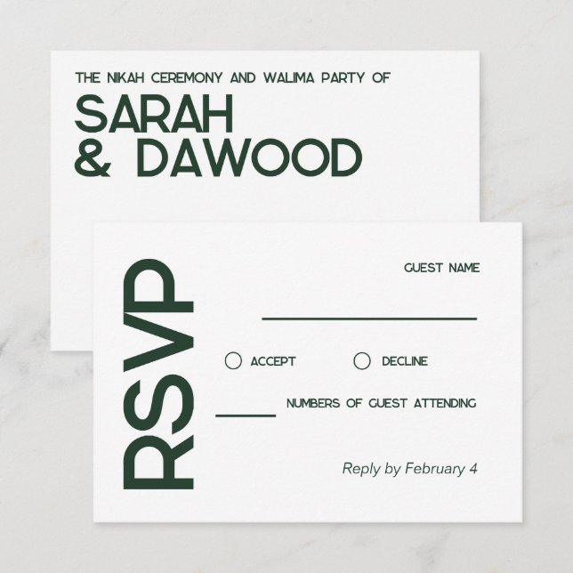 RSVP de Casamento Verde Branco Multão e Minimalist (Frente/Verso)
