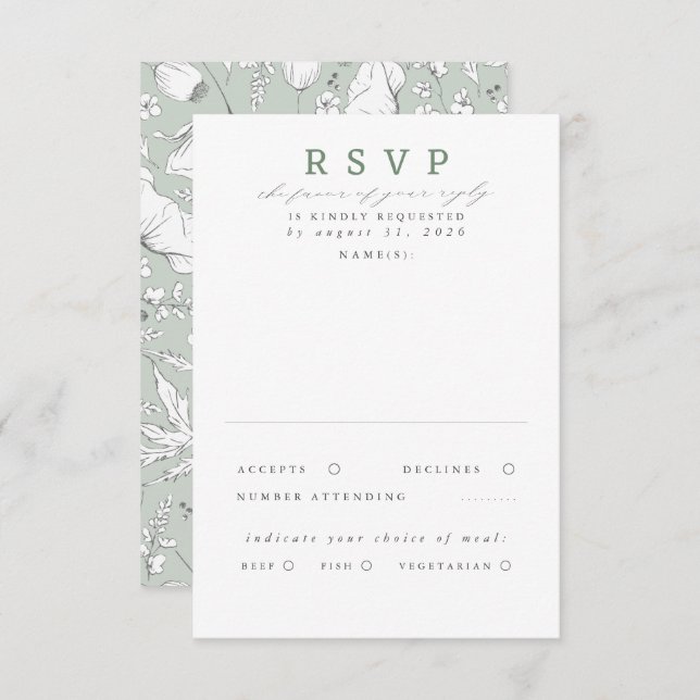 RSVP de Casamento Verde de Flores Selvagens desenh (Frente/Verso)