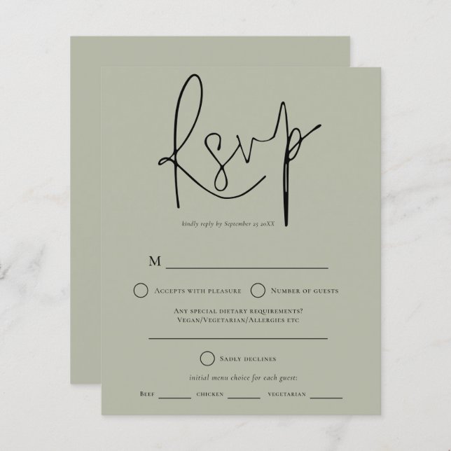 RSVP de Casamento Verde do Script de Orçamento (Frente/Verso)