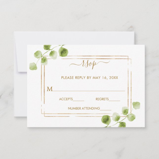 RSVP de Casamento Verde Dourado Botânico (Frente)