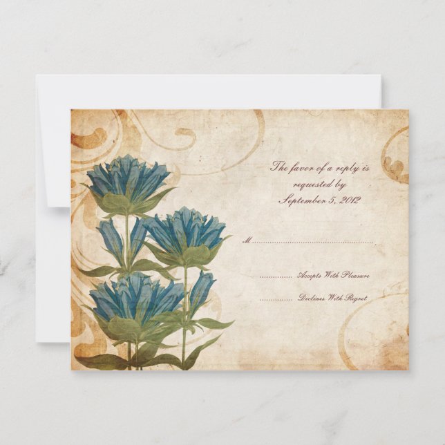 RSVP de Casamento vintage de Flores Azuis (Frente)