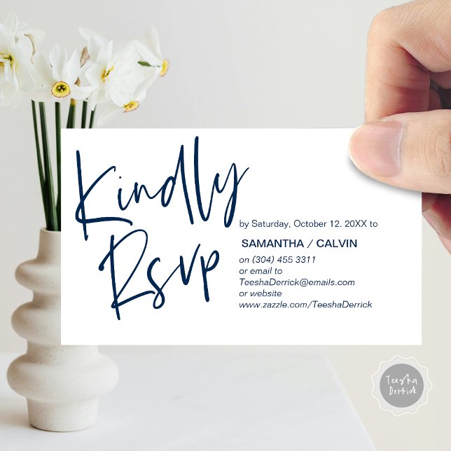 RSVP de Casamentos, Legança Casual, Convite para r (Kindly RSVP, Wedding Invitation Response Enclosed Card, in Navy Blue)