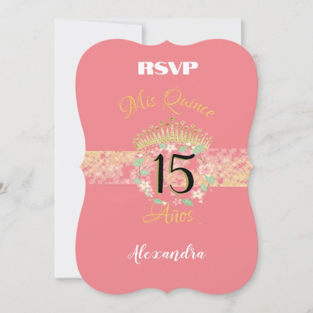 RSVP de Celebração de Quinceanera Dourada Rosa-Blu (Frente)