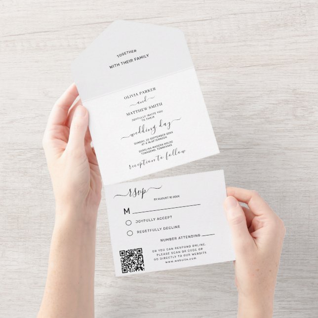 RSVP de Código QR de Casamento Clássico Branco Ele (Aba destacável)