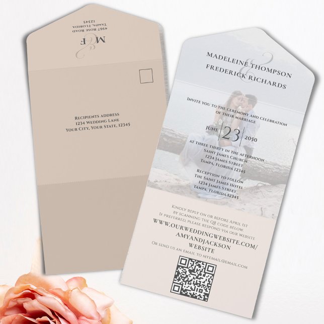 RSVP de Código QR Simples de Blush Mínimo de Foto  (Elegant simple blush All in One wedding invitation with QR Code. )