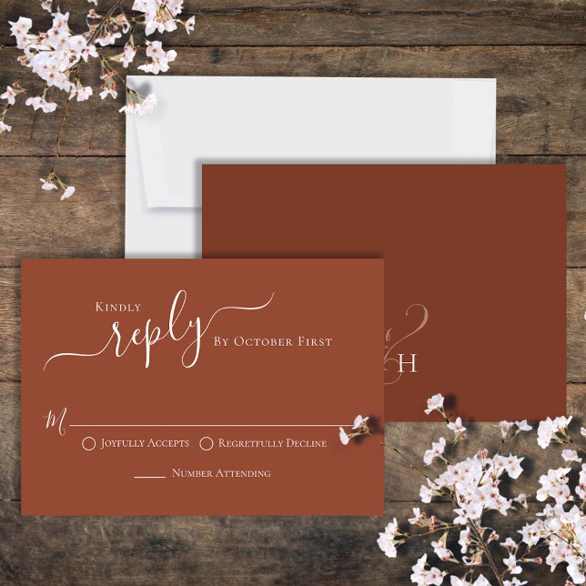 RSVP de Convidado Clássico Terracotta de Caligrafi (Beautiful terracotta wedding rsvp, traditional RSVP choice options on the front. )