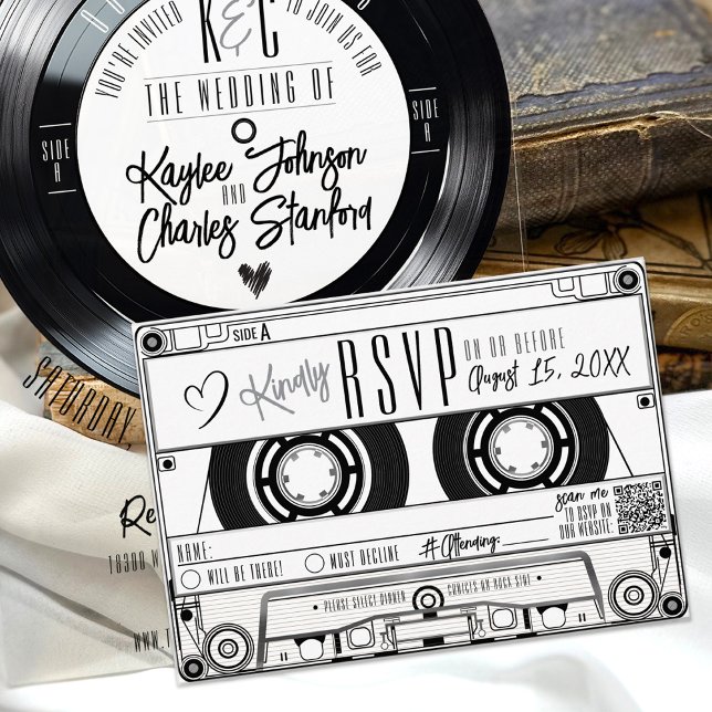 RSVP de Convite de Casamento Branco do Registro de (Unique retro black and white vinyl record music vintage cassette tape RSVP card wedding invitation)