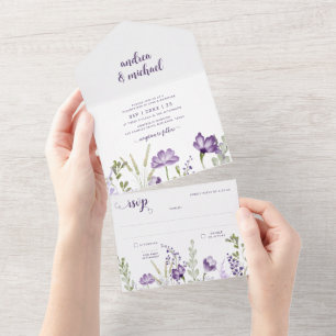 RSVP de Convite de Casamento Floral Roxo Anexado