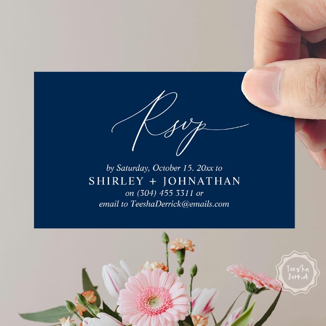 RSVP de Convite de Casamento, Lembrete Romântico M (Wedding Invitation RSVP Modern Minimalist Design Reminder Email Phone Texting in Classy Navy Blue)