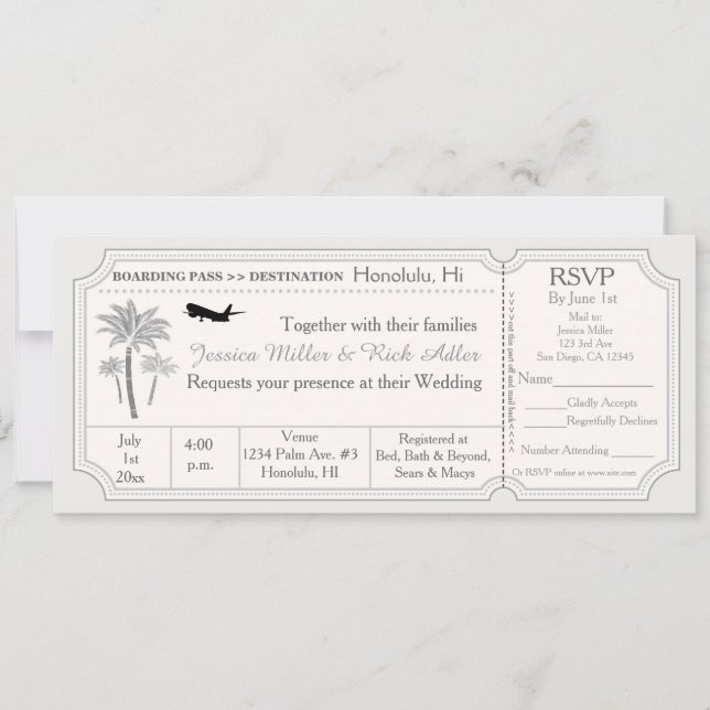 RSVP de Convite de Destino de Casamento de Palm (Frente)