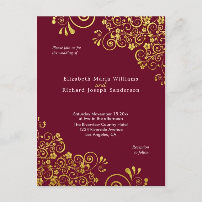 RSVP de Convite Dourado de Casamento Chic Burgundy (Frente)