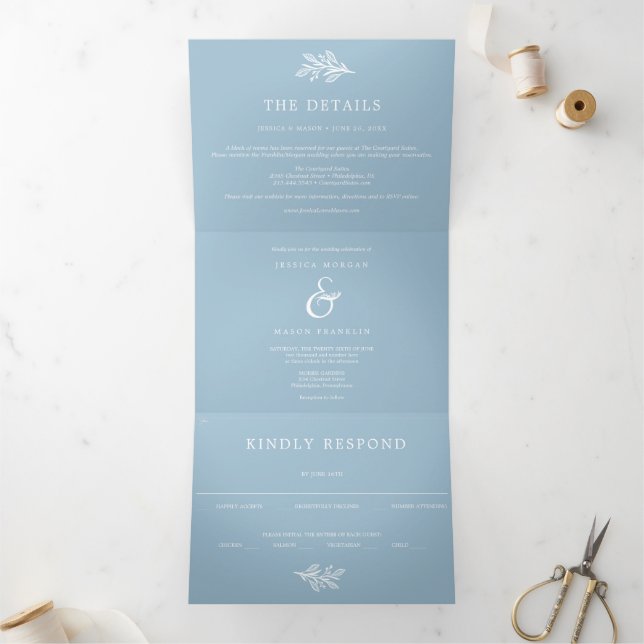 RSVP de Convites Triplos de Casamento Azul Dusty (Dentro)