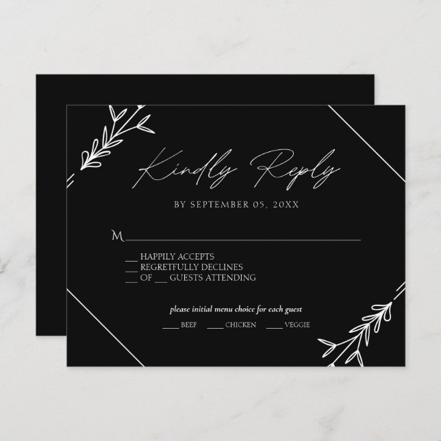 RSVP de Escolha do Menu de Casamento Preto e Branc (Frente/Verso)
