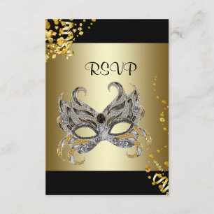 RSVP de Festas Douradas de Máscara Preta