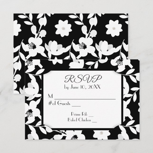 RSVP de Flor Preto e Branco (Frente/Verso)