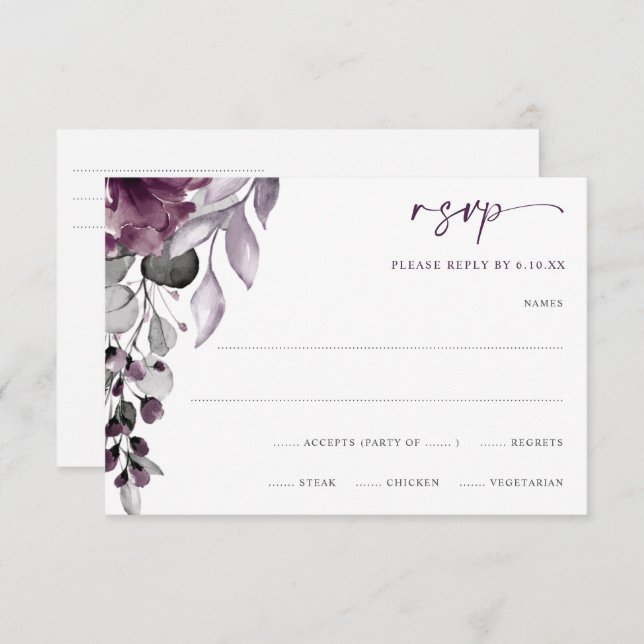 RSVP de Folhagem Floral Púrpura Plum Casamento Wat (Frente/Verso)