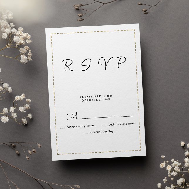 RSVP de linha tracejada em ouro preto mínimo (Minimalist black white gold dashed line RSVP)