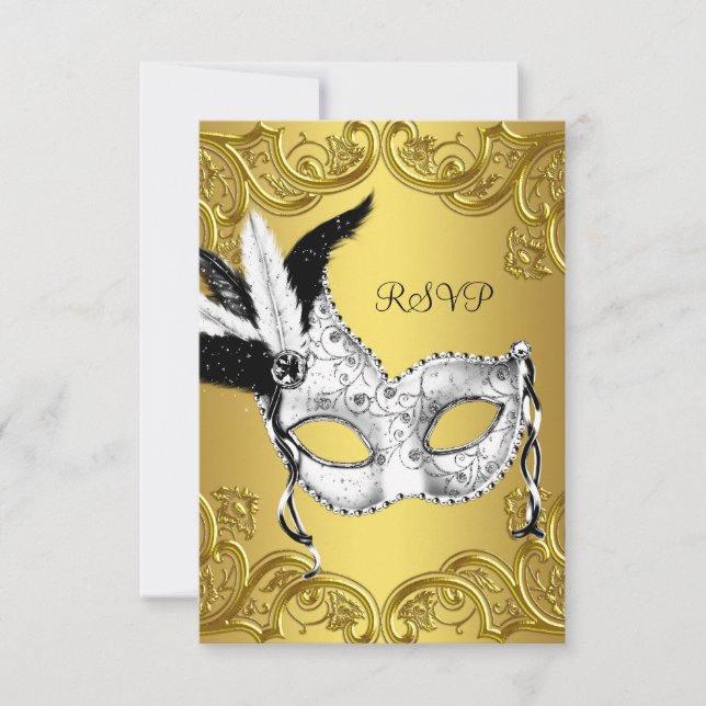 RSVP de Partido Mascarada Preto e Dourado (Frente)