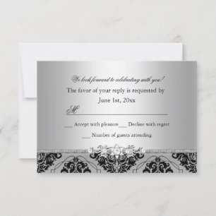 RSVP de Prata e Preto Damask com Joias
