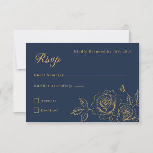 RSVP de Quinceañera Floral Azul Marinho e Dourado