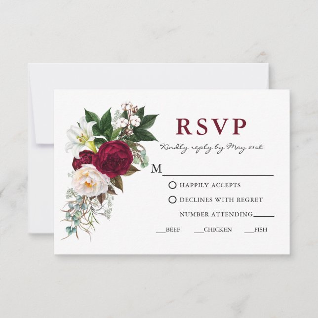 RSVP de Refeição Floral Verde Burgundy em Aquarela (Frente)