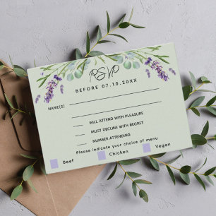 RSVP de resposta do menu de casamento verde da lav