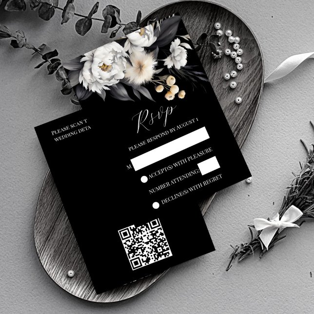 Rsvp do casamento do boho preto e branco (Black and white boho wedding rsvp card noir wedding invitation suite black rsvp card white peonies)